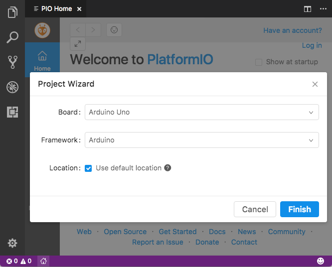 PlatformIO Project Wizard showing Board, Framework and Location fields, with a Finish button. The pictured board is Arduino Uno; this guide uses FireBeetle 2 ESP32-E.