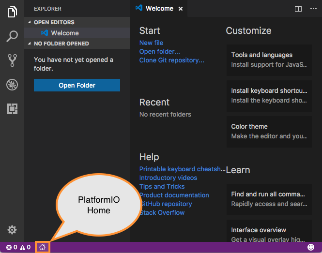 Official VS Code screenshot with an arrow pointing to the PlatformIO Home icon in the bottom status bar.